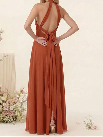 A-Line/Princess V-Neck Halter Bridesmaid Dresses with Split Side