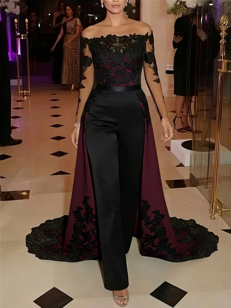 Jumpsuit Off-the-Shoulder Stretch Satin Evening Dresses with Overskirt Lace Long Sleeves Party Dresses
