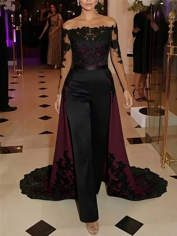 Jumpsuit Off-the-Shoulder Stretch Satin Evening Dresses with Overskirt Lace Long Sleeves Party Dresses