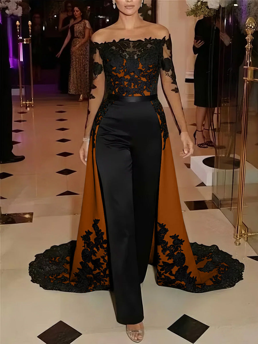 Jumpsuit Off-the-Shoulder Stretch Satin Evening Dresses with Overskirt Lace Long Sleeves Party Dresses