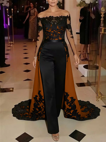 Jumpsuit Off-the-Shoulder Stretch Satin Evening Dresses with Overskirt Lace Long Sleeves Party Dresses