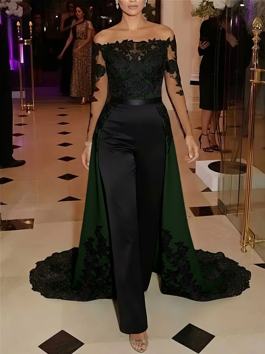 Jumpsuit Off-the-Shoulder Stretch Satin Evening Dresses with Overskirt Lace Long Sleeves Party Dresses