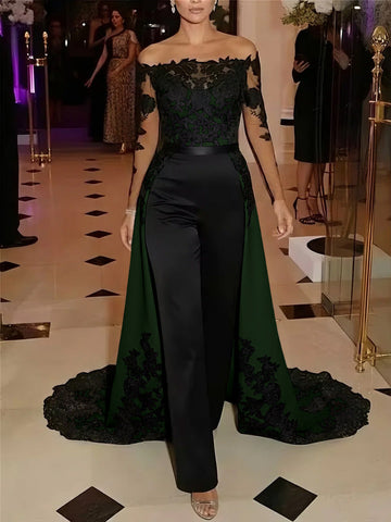 Jumpsuit Off-the-Shoulder Stretch Satin Evening Dresses with Overskirt Lace Long Sleeves Party Dresses