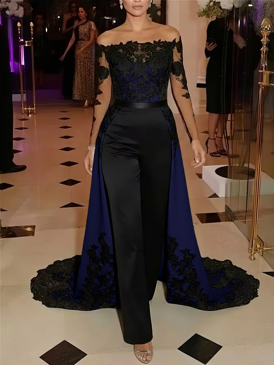 Jumpsuit Off-the-Shoulder Stretch Satin Evening Dresses with Overskirt Lace Long Sleeves Party Dresses