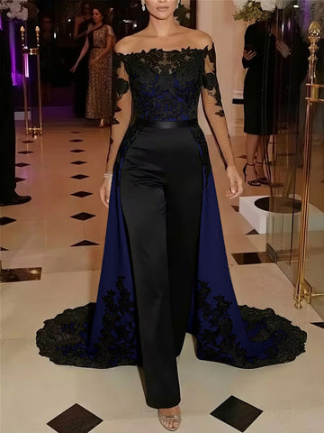 Jumpsuit Off-the-Shoulder Stretch Satin Evening Dresses with Overskirt Lace Long Sleeves Party Dresses