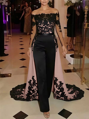 Jumpsuit Off-the-Shoulder Stretch Satin Evening Dresses with Overskirt Lace Long Sleeves Party Dresses