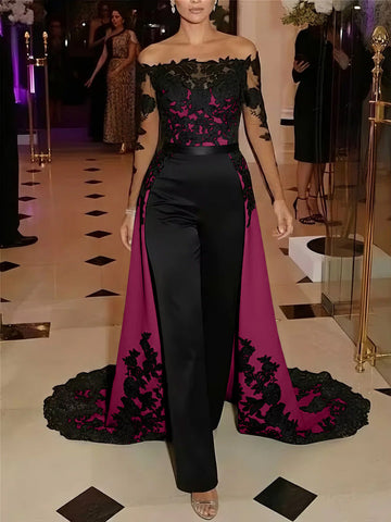 Jumpsuit Off-the-Shoulder Stretch Satin Evening Dresses with Overskirt Lace Long Sleeves Party Dresses