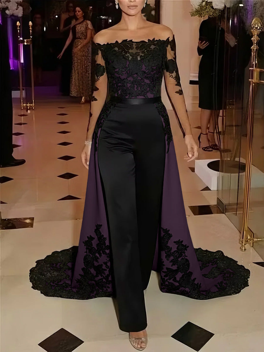 Jumpsuit Off-the-Shoulder Stretch Satin Evening Dresses with Overskirt Lace Long Sleeves Party Dresses