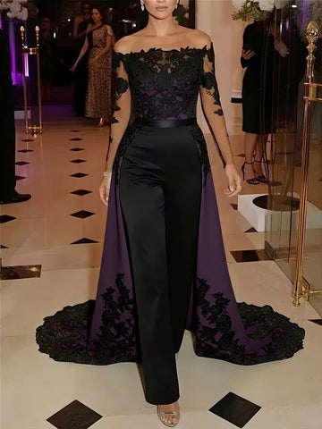 Jumpsuit Off-the-Shoulder Stretch Satin Evening Dresses with Overskirt Lace Long Sleeves Party Dresses