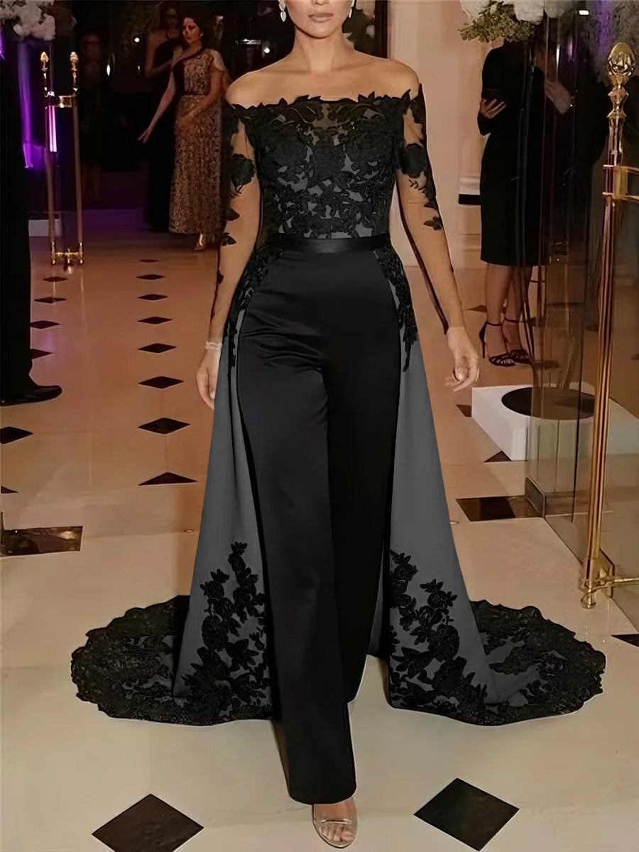 Jumpsuit Off-the-Shoulder Stretch Satin Evening Dresses with Overskirt Lace Long Sleeves Party Dresses