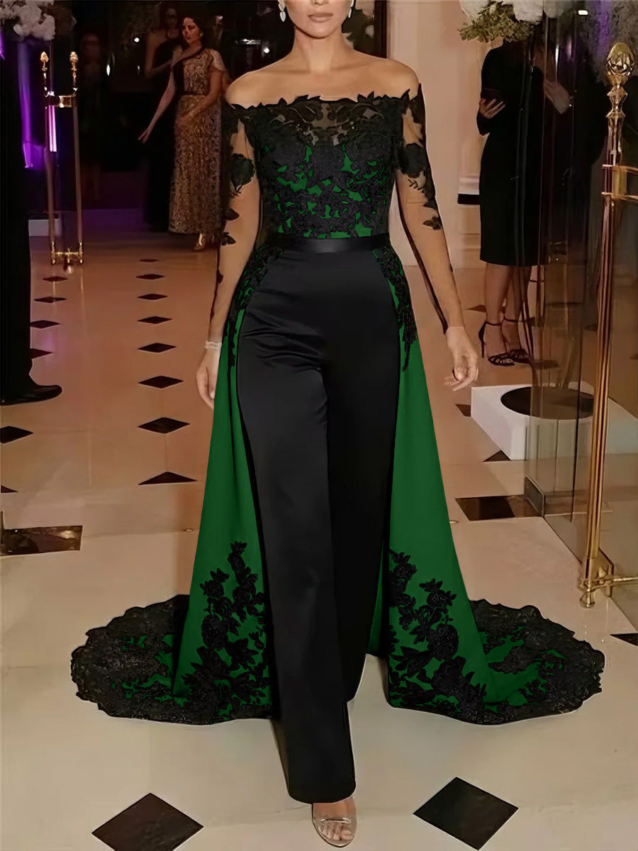 Jumpsuit Off-the-Shoulder Stretch Satin Evening Dresses with Overskirt Lace Long Sleeves Party Dresses