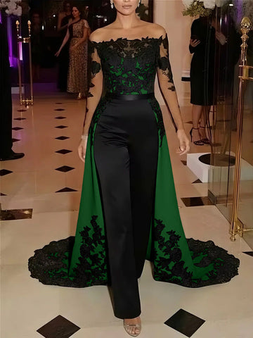 Jumpsuit Off-the-Shoulder Stretch Satin Evening Dresses with Overskirt Lace Long Sleeves Party Dresses