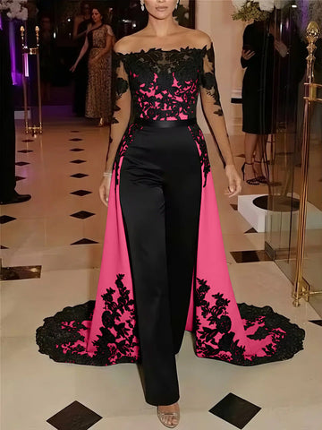 Jumpsuit Off-the-Shoulder Stretch Satin Evening Dresses with Overskirt Lace Long Sleeves Party Dresses