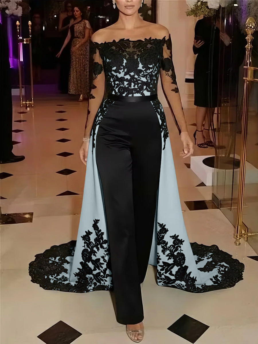 Jumpsuit Off-the-Shoulder Stretch Satin Evening Dresses with Overskirt Lace Long Sleeves Party Dresses