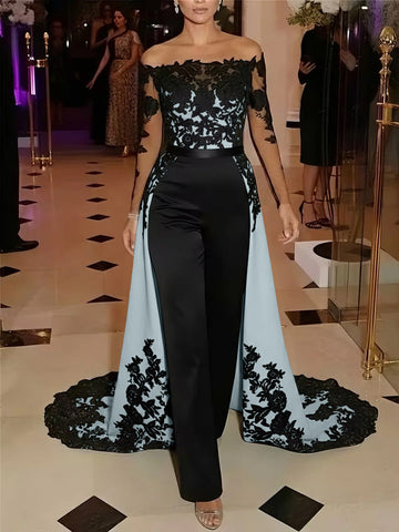 Jumpsuit Off-the-Shoulder Stretch Satin Evening Dresses with Overskirt Lace Long Sleeves Party Dresses