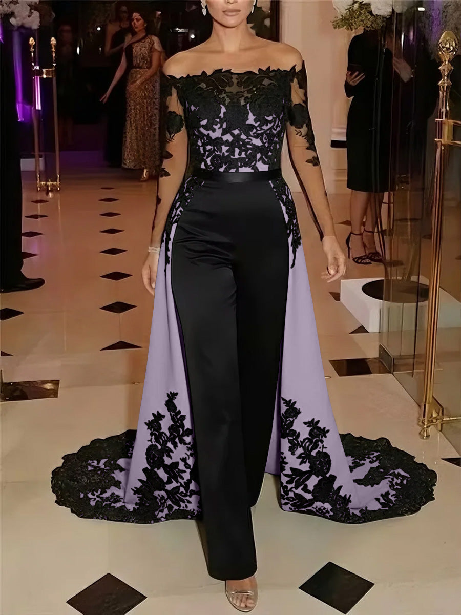 Jumpsuit Off-the-Shoulder Stretch Satin Evening Dresses with Overskirt Lace Long Sleeves Party Dresses