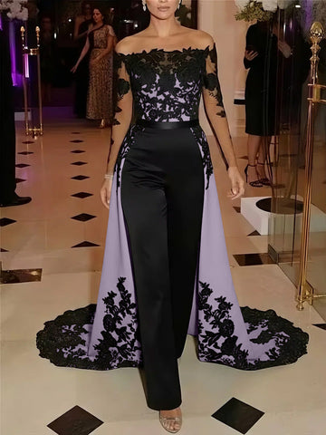 Jumpsuit Off-the-Shoulder Stretch Satin Evening Dresses with Overskirt Lace Long Sleeves Party Dresses