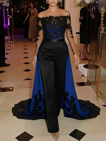 Jumpsuit Off-the-Shoulder Stretch Satin Evening Dresses with Overskirt Lace Long Sleeves Party Dresses