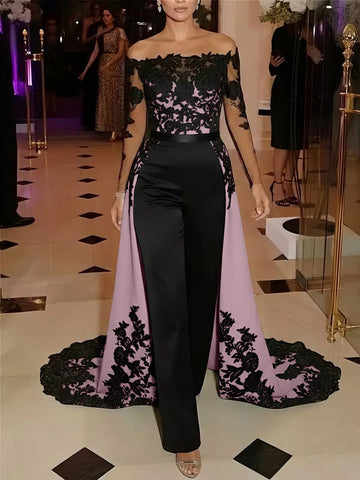 Jumpsuit Off-the-Shoulder Stretch Satin Evening Dresses with Overskirt Lace Long Sleeves Party Dresses