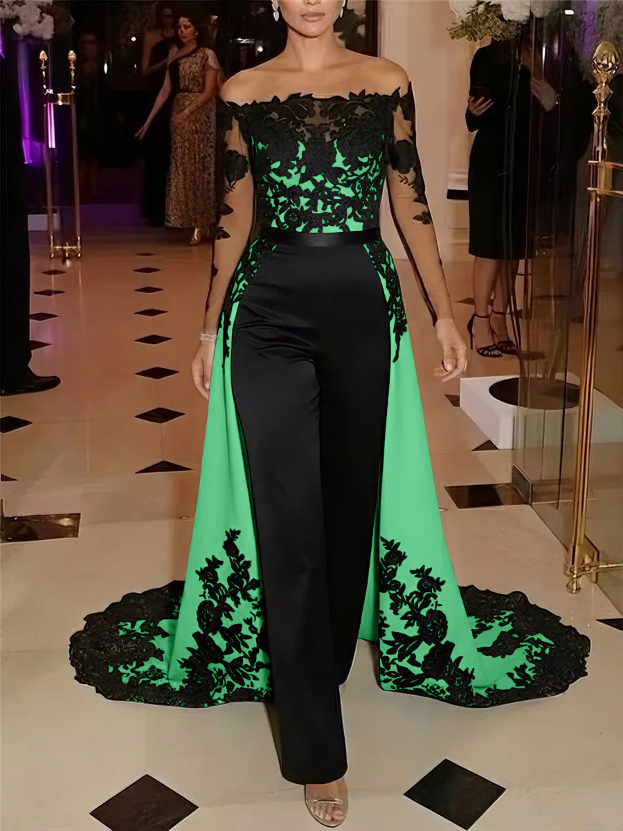 Jumpsuit Off-the-Shoulder Stretch Satin Evening Dresses with Overskirt Lace Long Sleeves Party Dresses