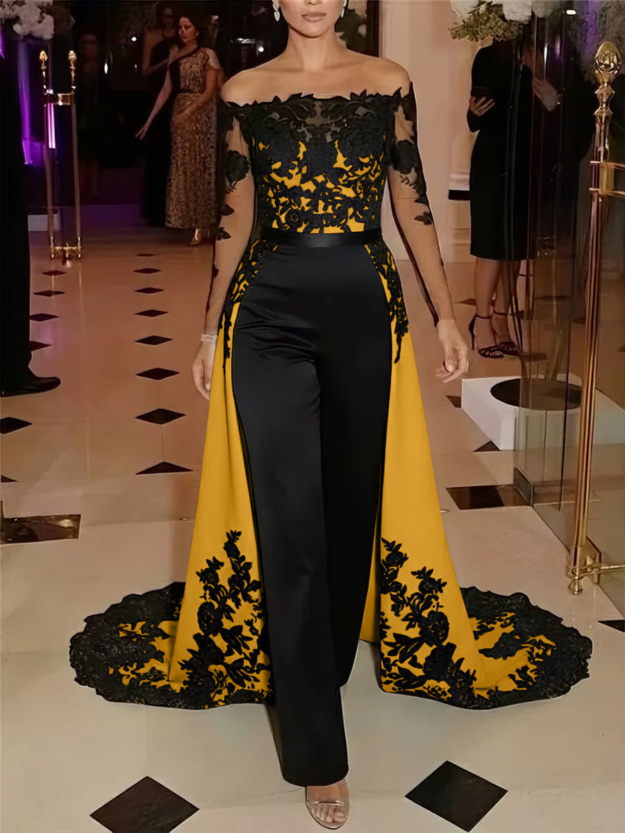 Jumpsuit Off-the-Shoulder Stretch Satin Evening Dresses with Overskirt Lace Long Sleeves Party Dresses
