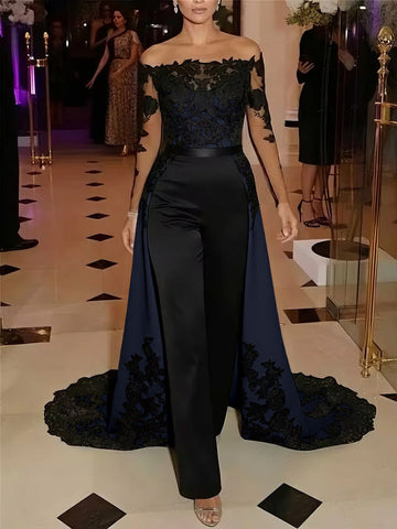 Jumpsuit Off-the-Shoulder Stretch Satin Evening Dresses with Overskirt Lace Long Sleeves Party Dresses