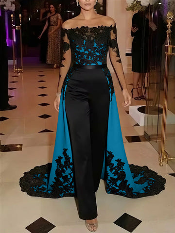 Jumpsuit Off-the-Shoulder Stretch Satin Evening Dresses with Overskirt Lace Long Sleeves Party Dresses
