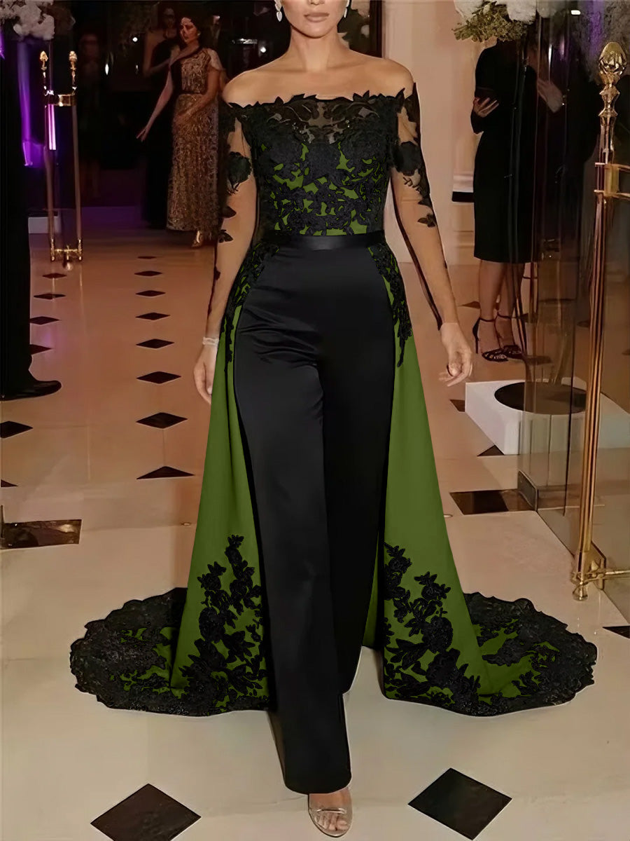 Jumpsuit Off-the-Shoulder Stretch Satin Evening Dresses with Overskirt Lace Long Sleeves Party Dresses