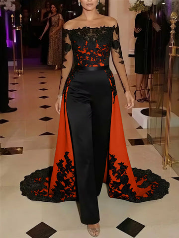 Jumpsuit Off-the-Shoulder Stretch Satin Evening Dresses with Overskirt Lace Long Sleeves Party Dresses
