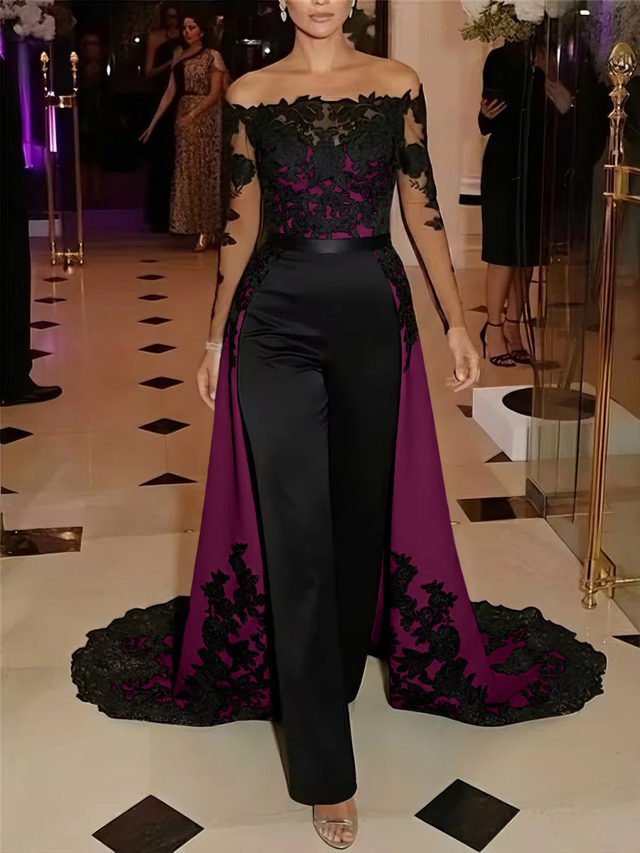 Jumpsuit Off-the-Shoulder Stretch Satin Evening Dresses with Overskirt Lace Long Sleeves Party Dresses