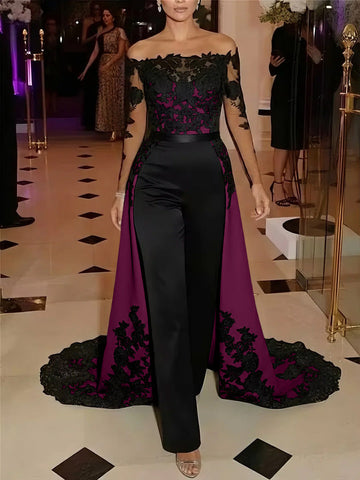 Jumpsuit Off-the-Shoulder Stretch Satin Evening Dresses with Overskirt Lace Long Sleeves Party Dresses
