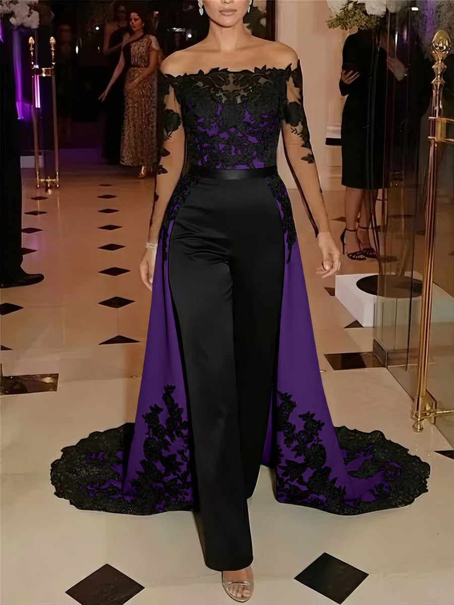Jumpsuit Off-the-Shoulder Stretch Satin Evening Dresses with Overskirt Lace Long Sleeves Party Dresses