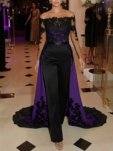 Jumpsuit Off-the-Shoulder Stretch Satin Evening Dresses with Overskirt Lace Long Sleeves Party Dresses