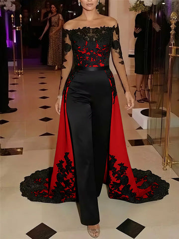 Jumpsuit Off-the-Shoulder Stretch Satin Evening Dresses with Overskirt Lace Long Sleeves Party Dresses