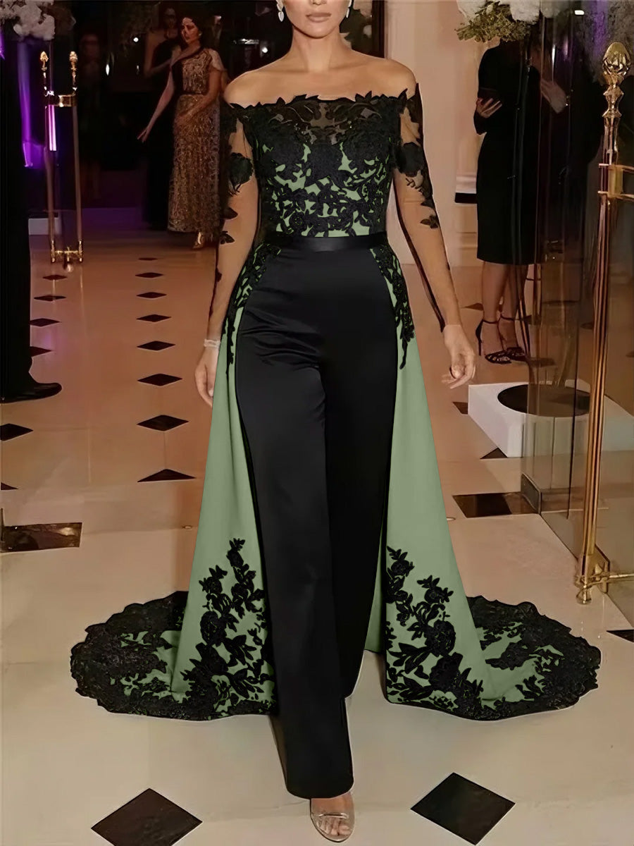 Jumpsuit Off-the-Shoulder Stretch Satin Evening Dresses with Overskirt Lace Long Sleeves Party Dresses