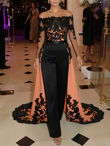 Jumpsuit Off-the-Shoulder Stretch Satin Evening Dresses with Overskirt Lace Long Sleeves Party Dresses
