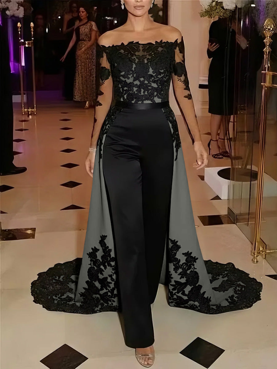 Jumpsuit Off-the-Shoulder Stretch Satin Evening Dresses with Overskirt Lace Long Sleeves Party Dresses