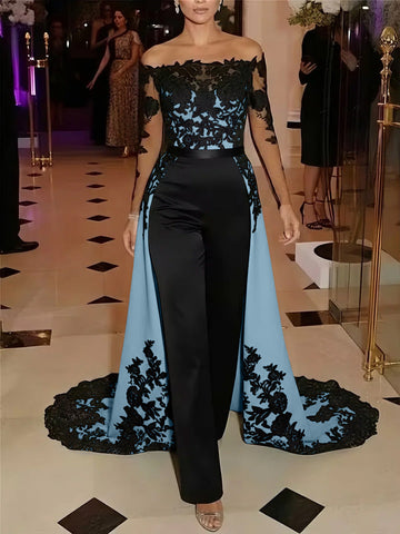 Jumpsuit Off-the-Shoulder Stretch Satin Evening Dresses with Overskirt Lace Long Sleeves Party Dresses