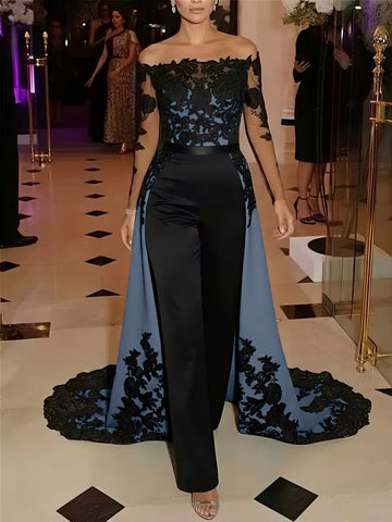 Jumpsuit Off-the-Shoulder Stretch Satin Evening Dresses with Overskirt Lace Long Sleeves Party Dresses