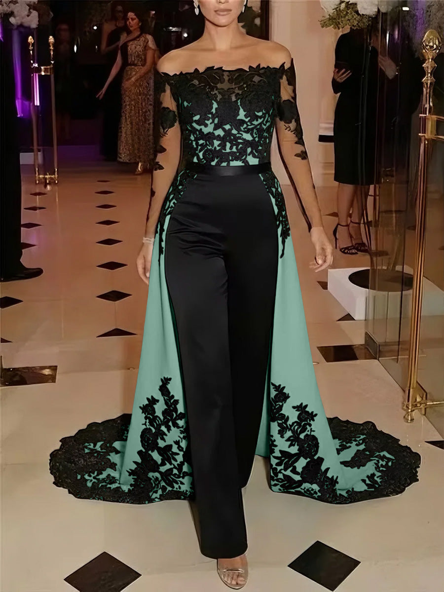 Jumpsuit Off-the-Shoulder Stretch Satin Evening Dresses with Overskirt Lace Long Sleeves Party Dresses