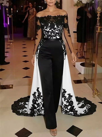 Jumpsuit Off-the-Shoulder Stretch Satin Evening Dresses with Overskirt Lace Long Sleeves Party Dresses
