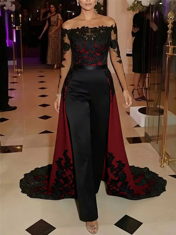 Jumpsuit Off-the-Shoulder Stretch Satin Evening Dresses with Overskirt Lace Long Sleeves Party Dresses