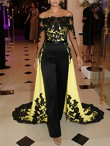 Jumpsuit Off-the-Shoulder Stretch Satin Evening Dresses with Overskirt Lace Long Sleeves Party Dresses