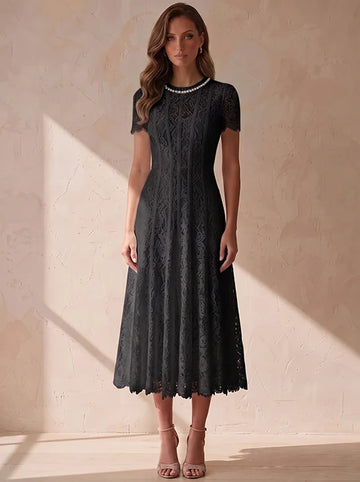A-Line/Princess Scoop Lace Cocktail Dresses Tea-Length Little White Dresses Beading Short Sleeves Party Dresses