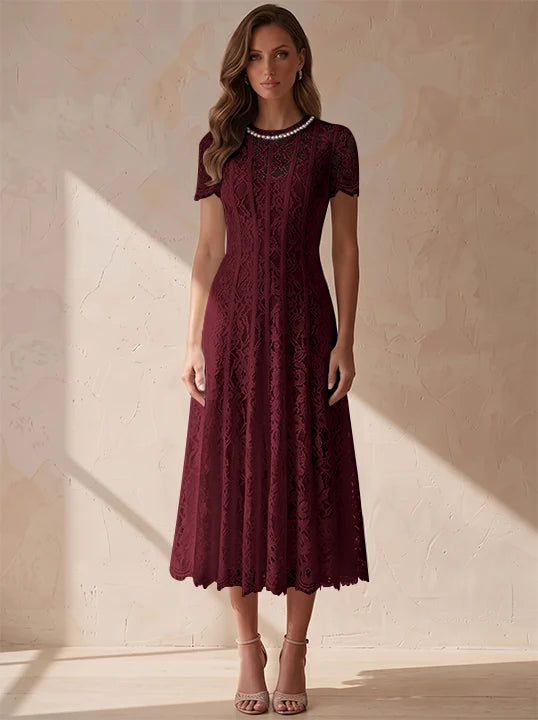 A-Line/Princess Scoop Lace Cocktail Dresses Tea-Length Little White Dresses Beading Short Sleeves Party Dresses