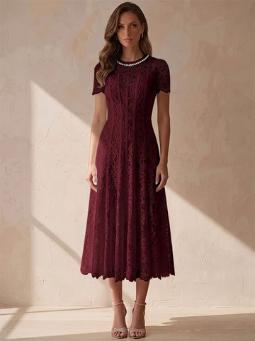 A-Line/Princess Scoop Lace Cocktail Dresses Tea-Length Little White Dresses Beading Short Sleeves Party Dresses