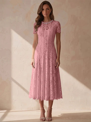 A-Line/Princess Scoop Lace Cocktail Dresses Tea-Length Little White Dresses Beading Short Sleeves Party Dresses