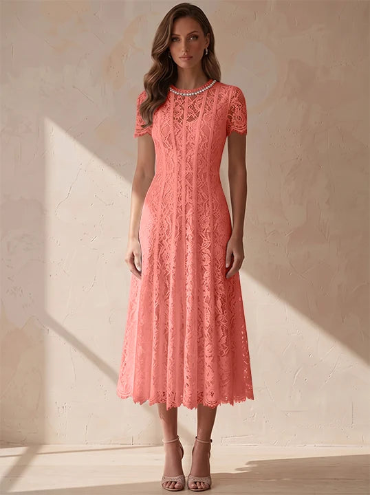 A-Line/Princess Scoop Lace Cocktail Dresses Tea-Length Little White Dresses Beading Short Sleeves Party Dresses