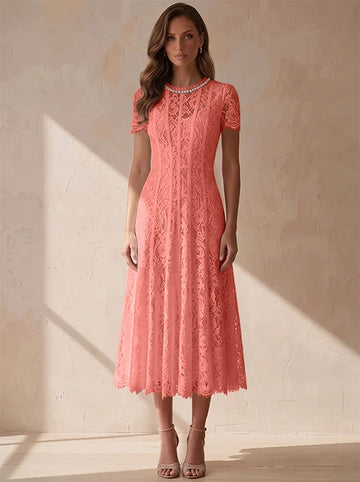 A-Line/Princess Scoop Lace Cocktail Dresses Tea-Length Little White Dresses Beading Short Sleeves Party Dresses