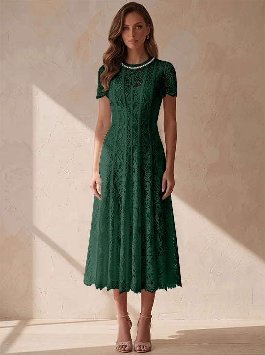 A-Line/Princess Scoop Lace Cocktail Dresses Tea-Length Little White Dresses Beading Short Sleeves Party Dresses
